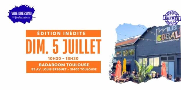 visuel qui annonce que la prochaine date de vide dressing aura lieu le dimanche 5 JUILLET a badaboom